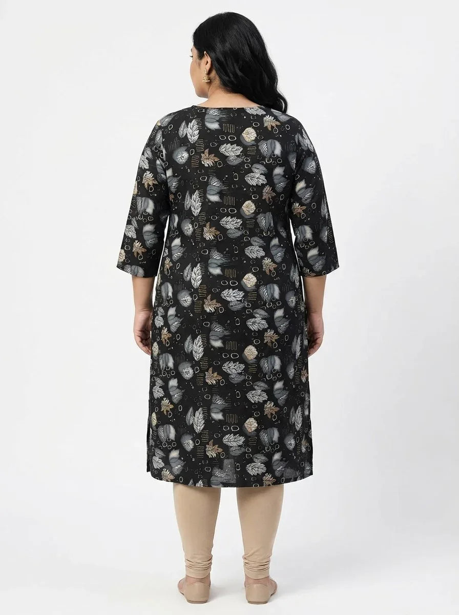 Plus Size Poly Crepe Floral Print  Straight Kurta Black-100069