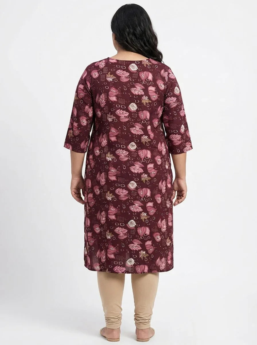 Plus Size Poly Crepe Floral Print  Straight Kurta Maroon-100070