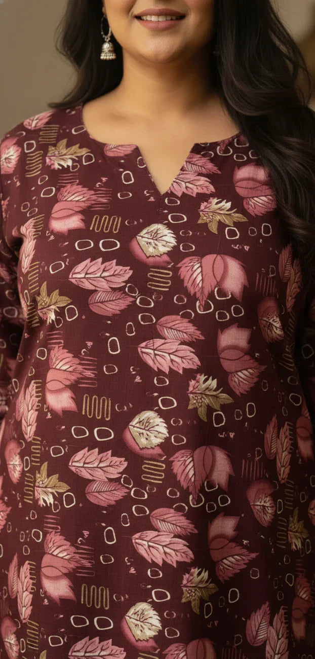 Plus Size Poly Crepe Floral Print  Straight Kurta Maroon-100070