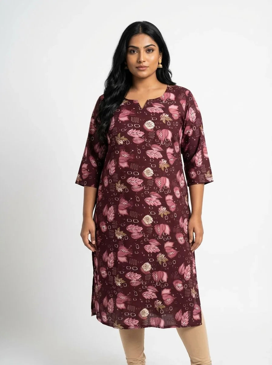 Plus Size Poly Crepe Floral Print  Straight Kurta Maroon-100070 Main image