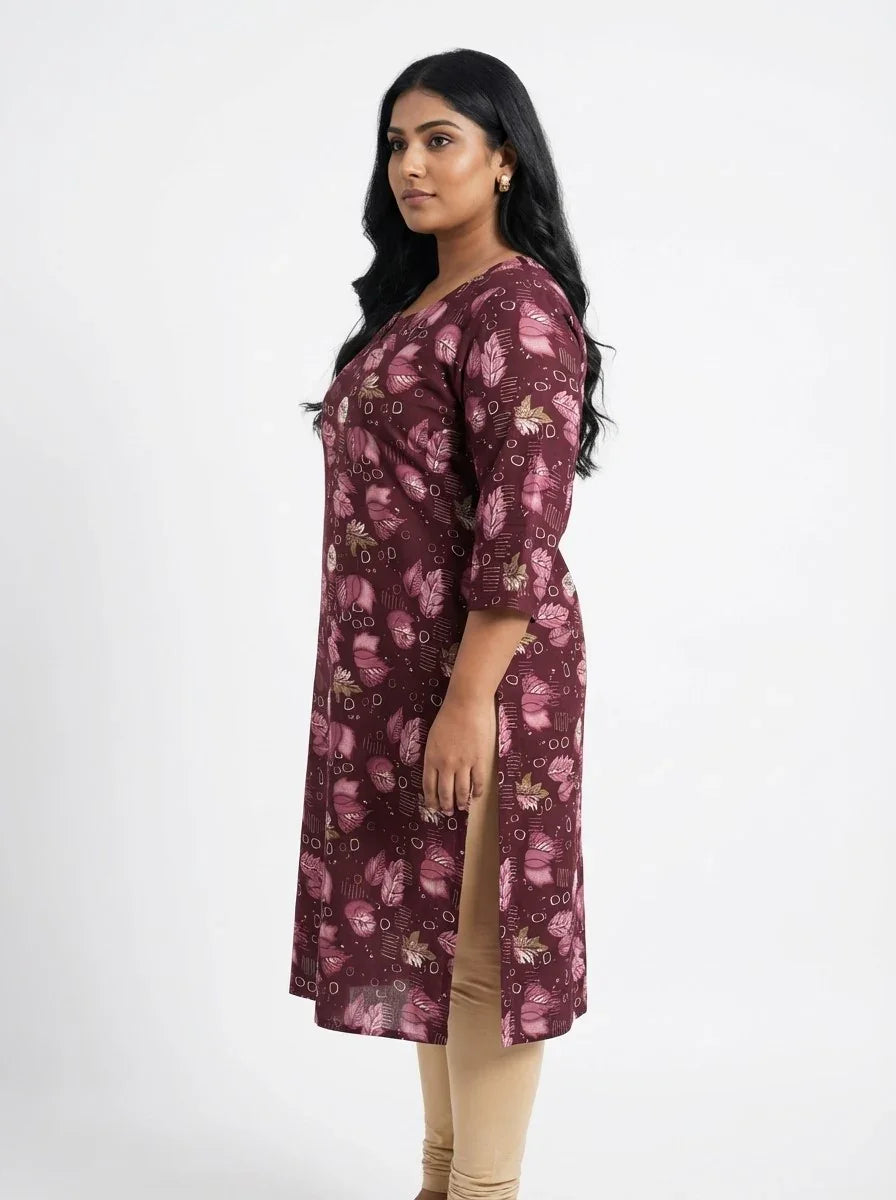 Plus Size Poly Crepe Floral Print  Straight Kurta Maroon-100070