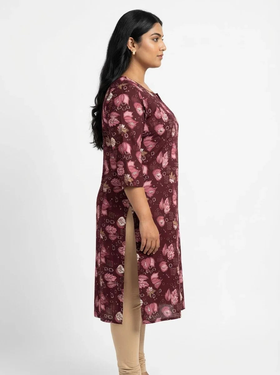 Plus Size Poly Crepe Floral Print  Straight Kurta Maroon-100070