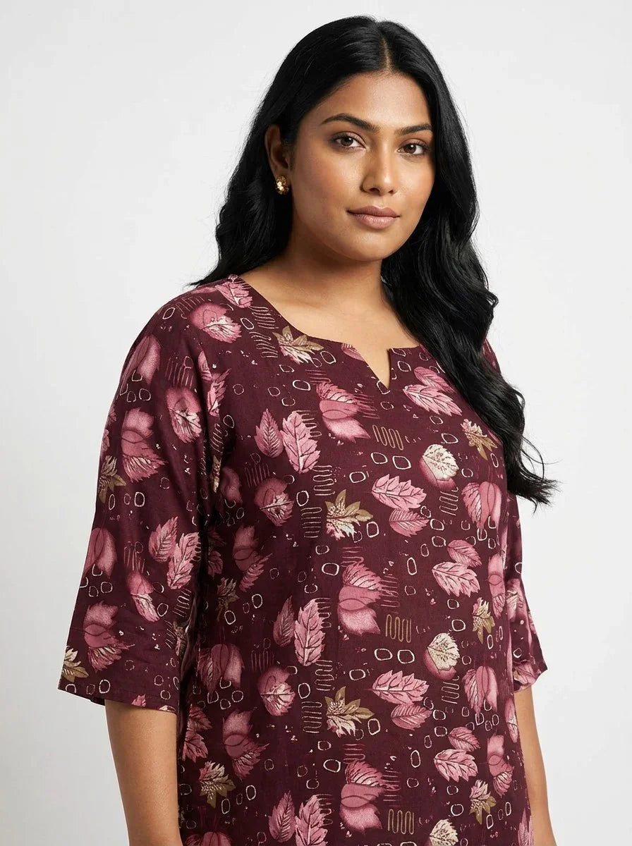 Plus Size Poly Crepe Floral Print  Straight Kurta Maroon-100070