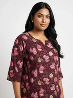 Plus Size Poly Crepe Floral Print  Straight Kurta Maroon-100070