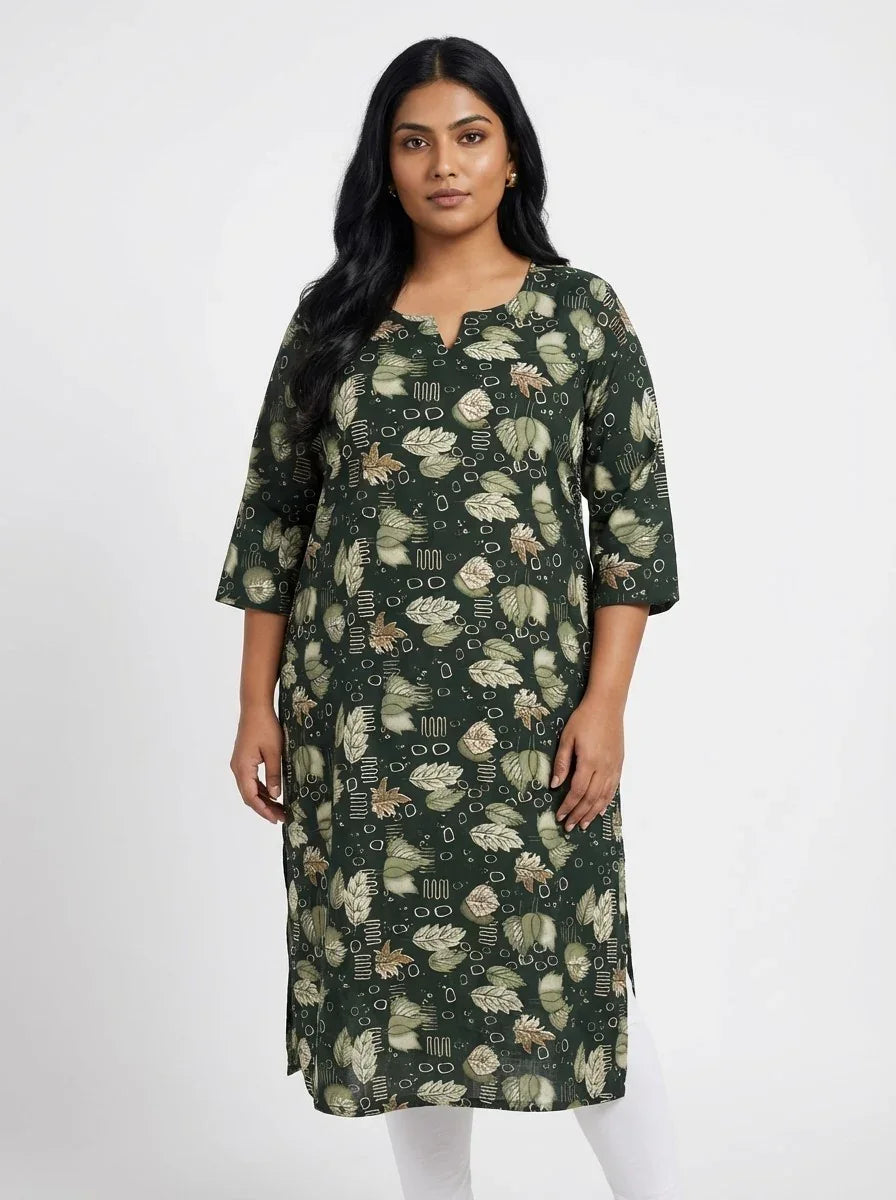 Plus Size Poly Crepe Floral Print  Straight Kurta Green-100071 Main image