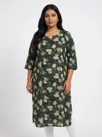 Plus Size Poly Crepe Floral Print  Straight Kurta Green-100071