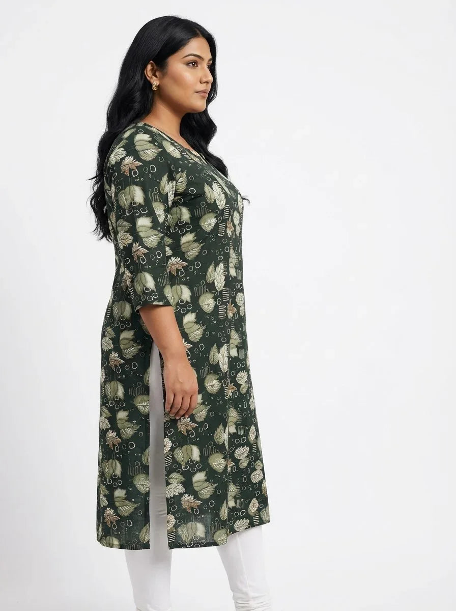 Plus Size Poly Crepe Floral Print  Straight Kurta Green-100071