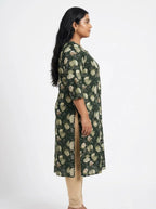 Plus Size Poly Crepe Floral Print  Straight Kurta Green-100071