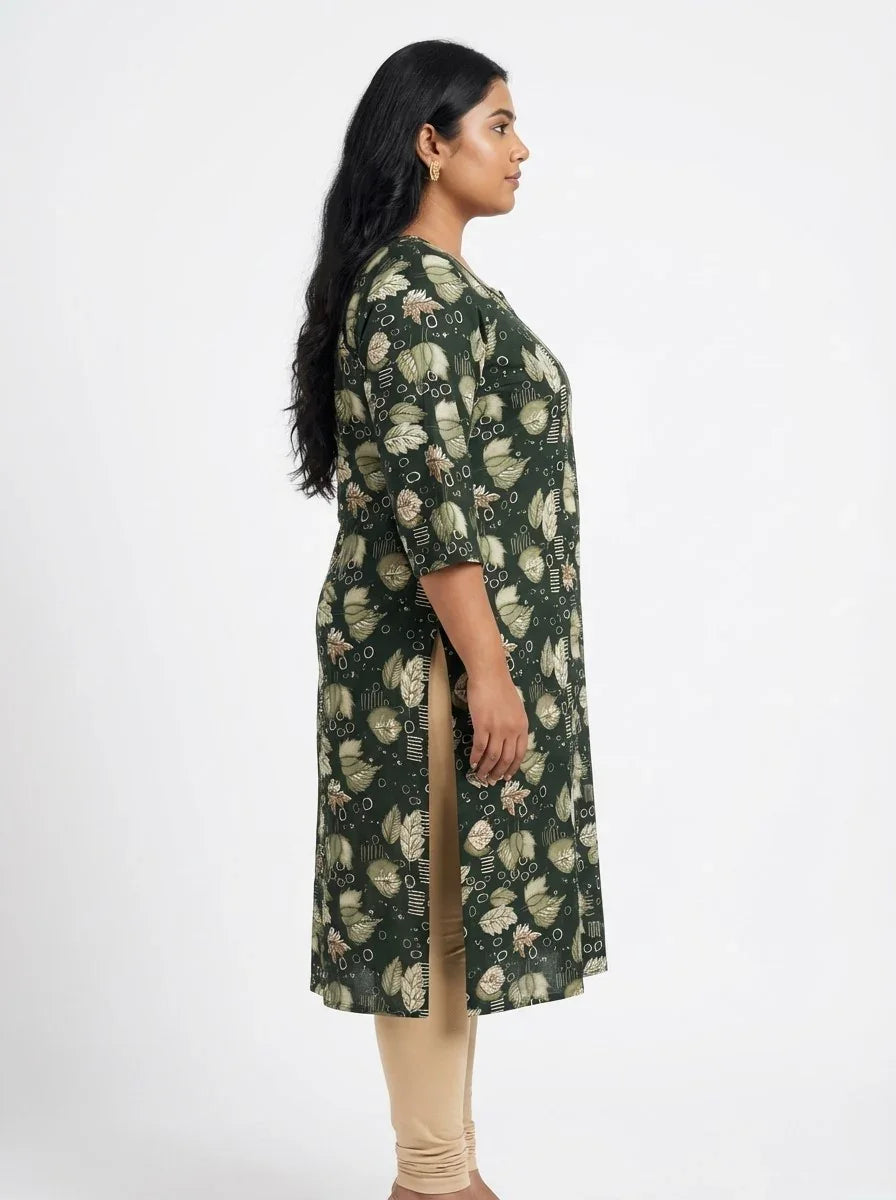 Plus Size Poly Crepe Floral Print  Straight Kurta Green-100071