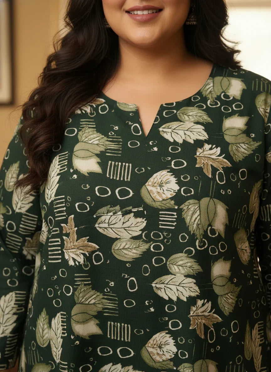 Plus Size Poly Crepe Floral Print  Straight Kurta Green-100071