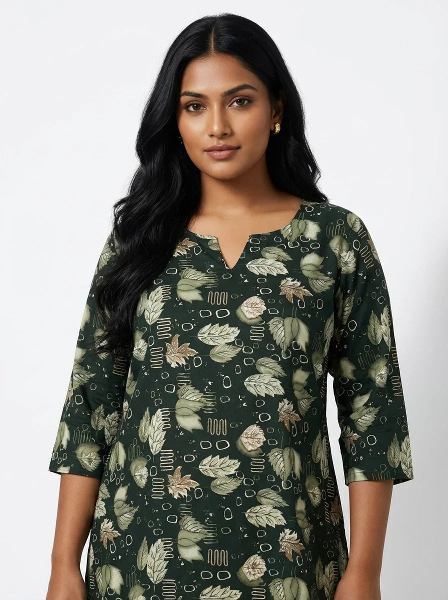 Plus Size Poly Crepe Floral Print  Straight Kurta Green-100071