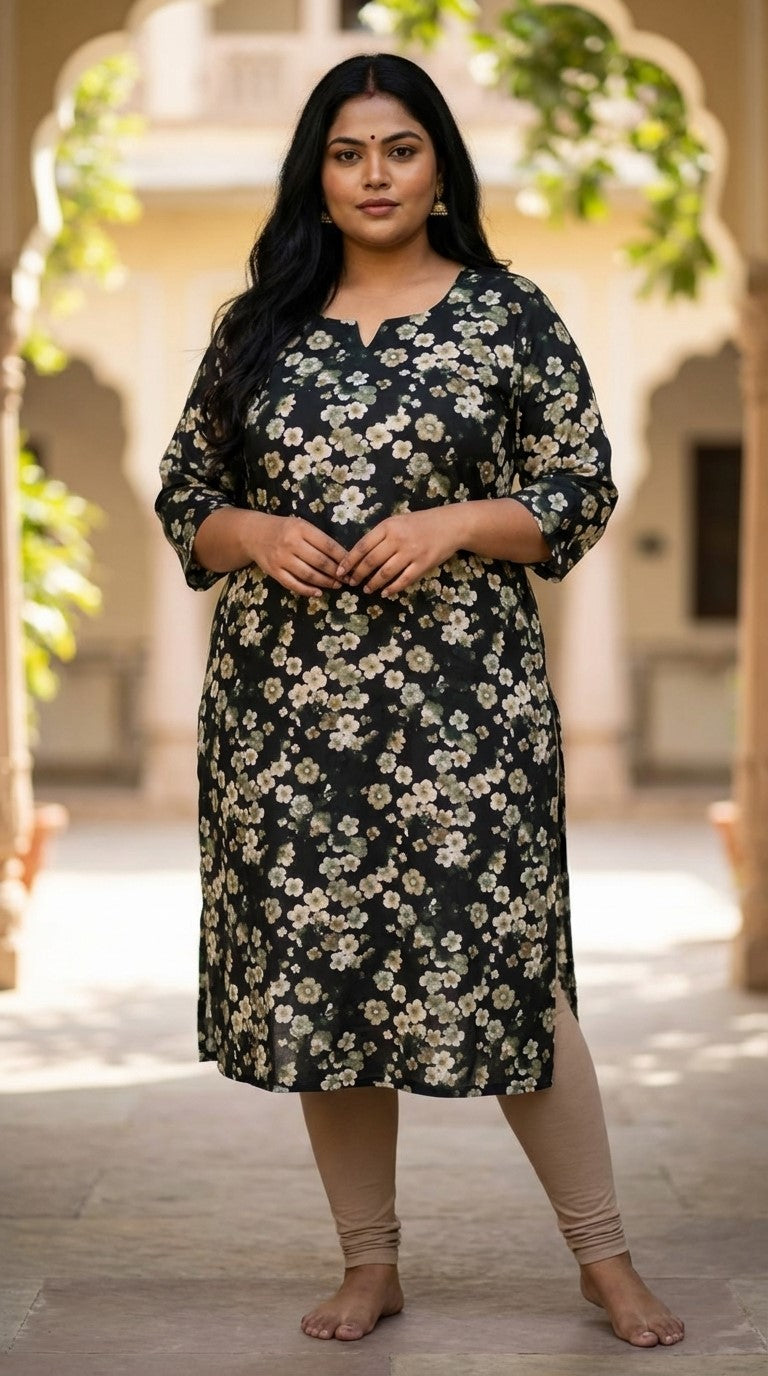 Plus Size Poly Crepe Floral Print  Straight Kurta Green-100072 Main image