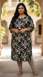 Plus Size Poly Crepe Floral Print  Straight Kurta Green-100072