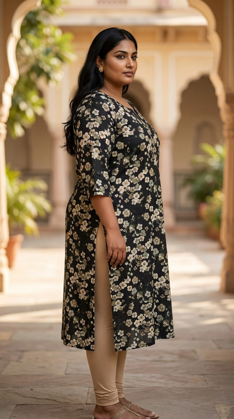 Plus Size Poly Crepe Floral Print  Straight Kurta Green-100072