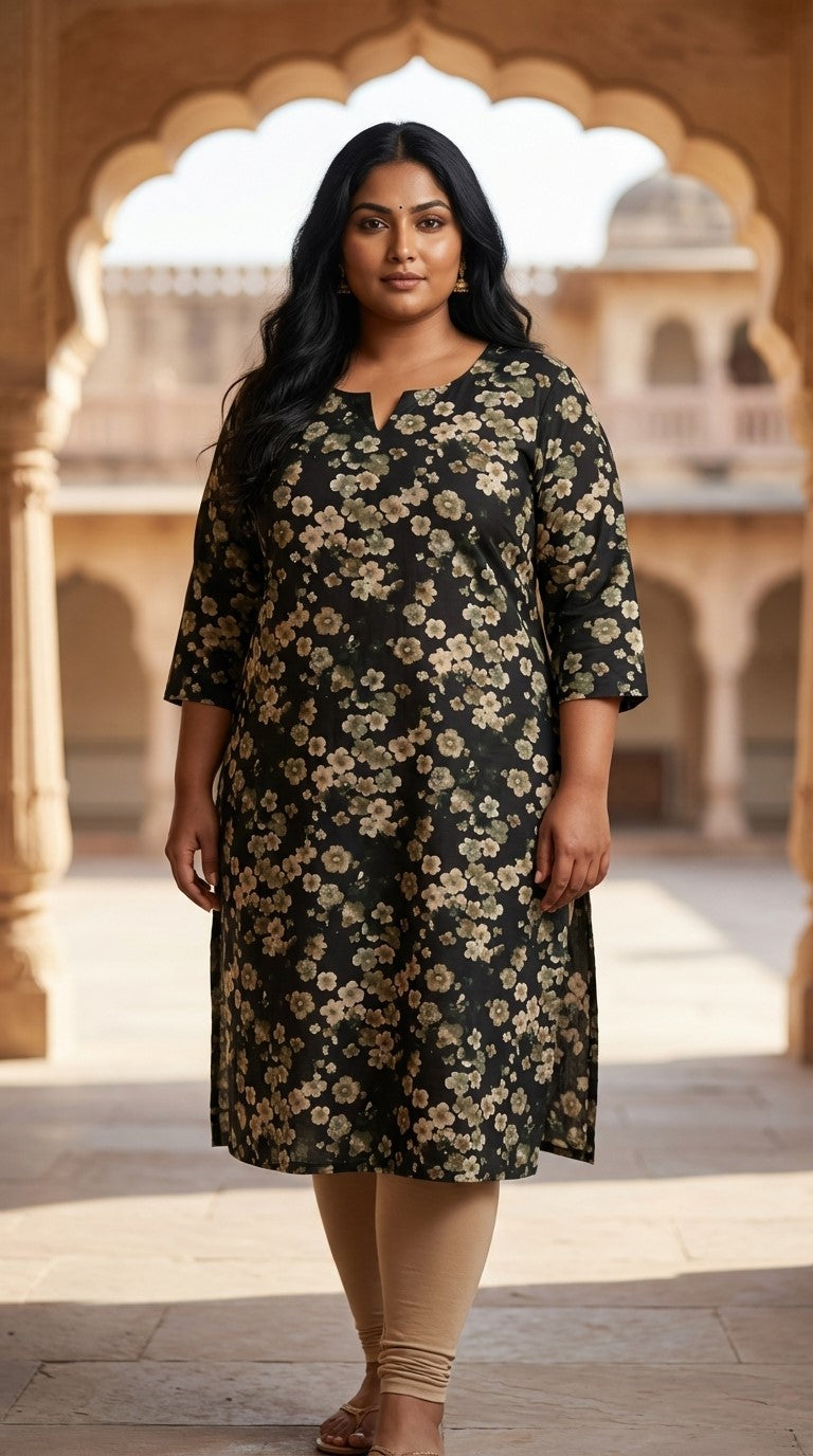 Plus Size Poly Crepe Floral Print  Straight Kurta Green-100072