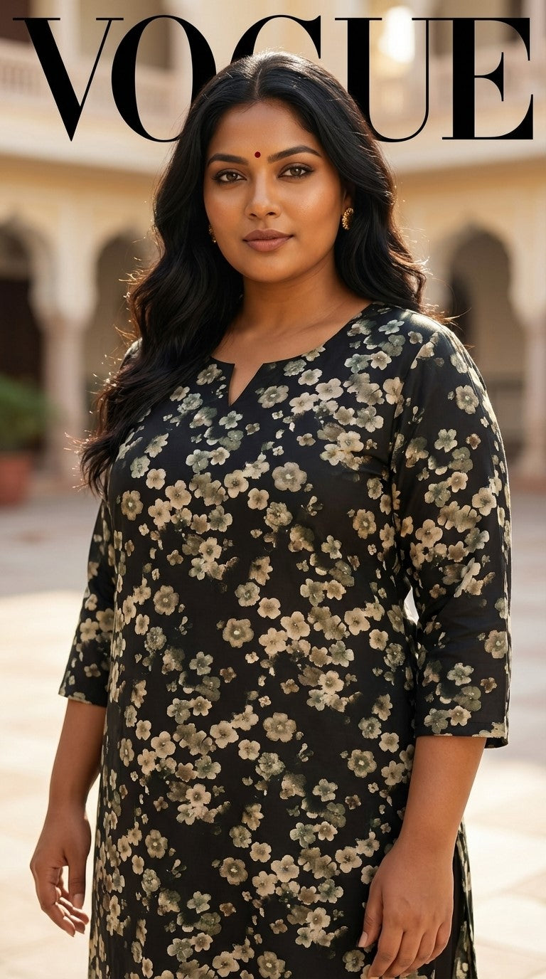 Plus Size Poly Crepe Floral Print  Straight Kurta Green-100072