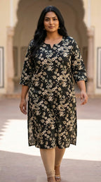 Plus Size Poly Crepe Floral Print  Straight Kurta Green-100072