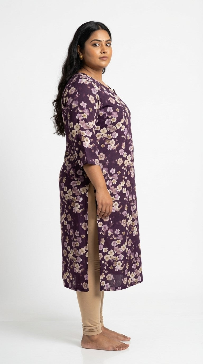 Plus Size Poly Crepe Floral Print  Straight Kurta Purple-100073