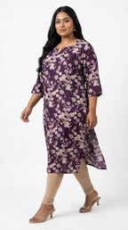 Plus Size Poly Crepe Floral Print  Straight Kurta Purple-100073