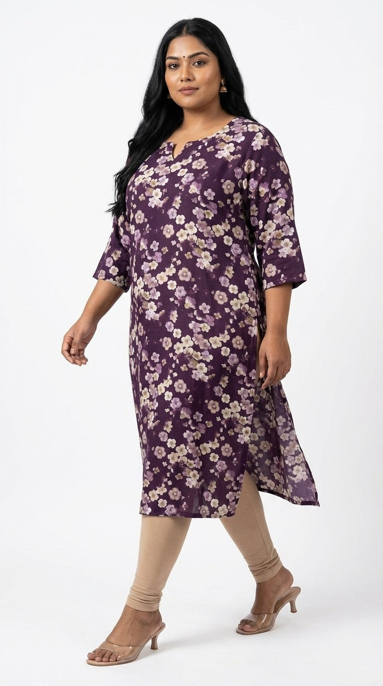 Plus Size Poly Crepe Floral Print  Straight Kurta Purple-100073