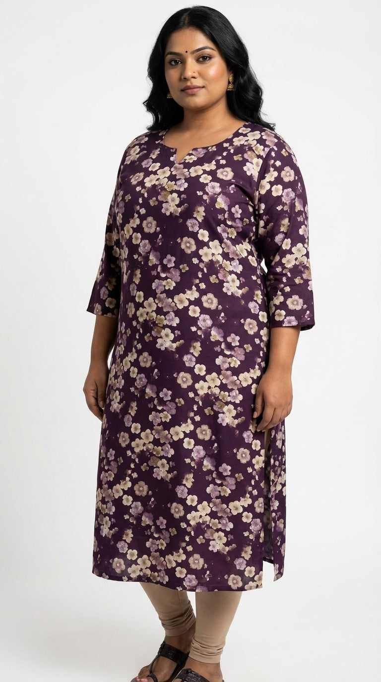 Plus Size Poly Crepe Floral Print  Straight Kurta Purple-100073
