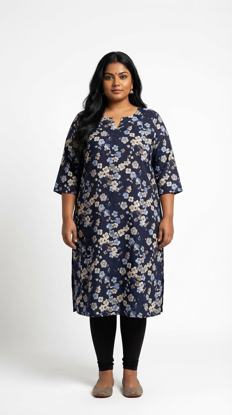 Plus Size Poly Crepe Floral Print  Straight Kurta Blue -100074