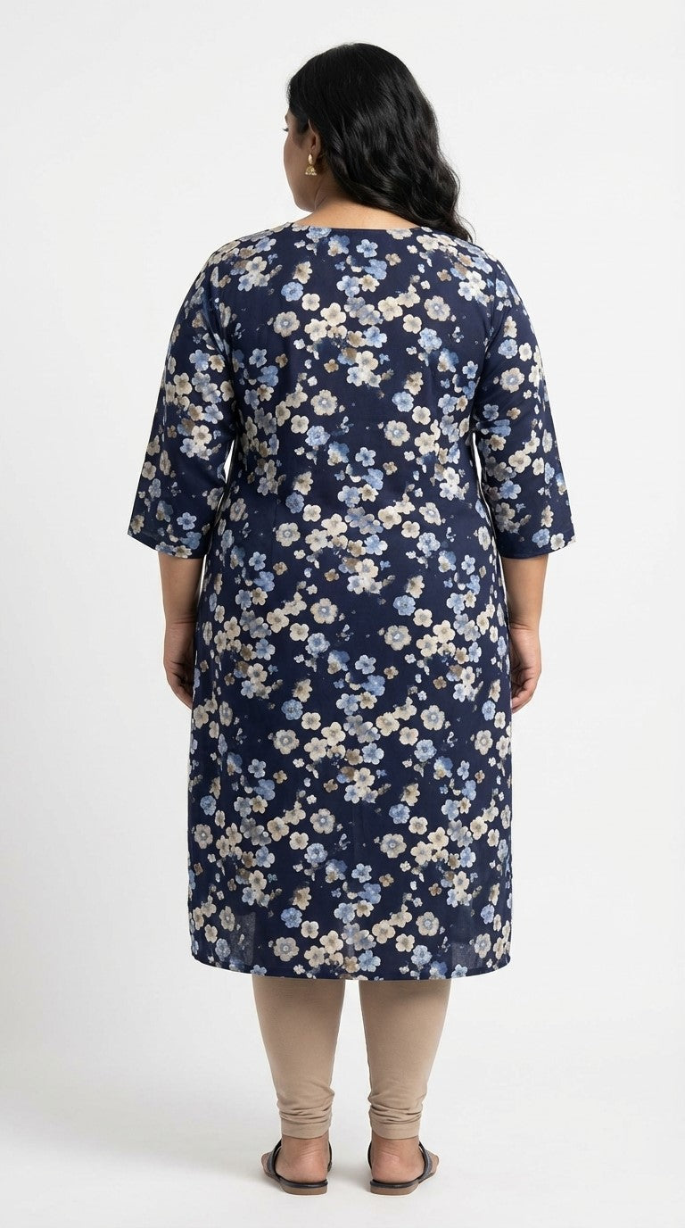 Plus Size Poly Crepe Floral Print  Straight Kurta Blue -100074