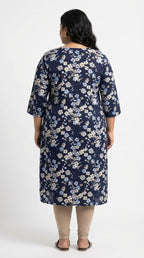Plus Size Poly Crepe Floral Print  Straight Kurta Blue -100074