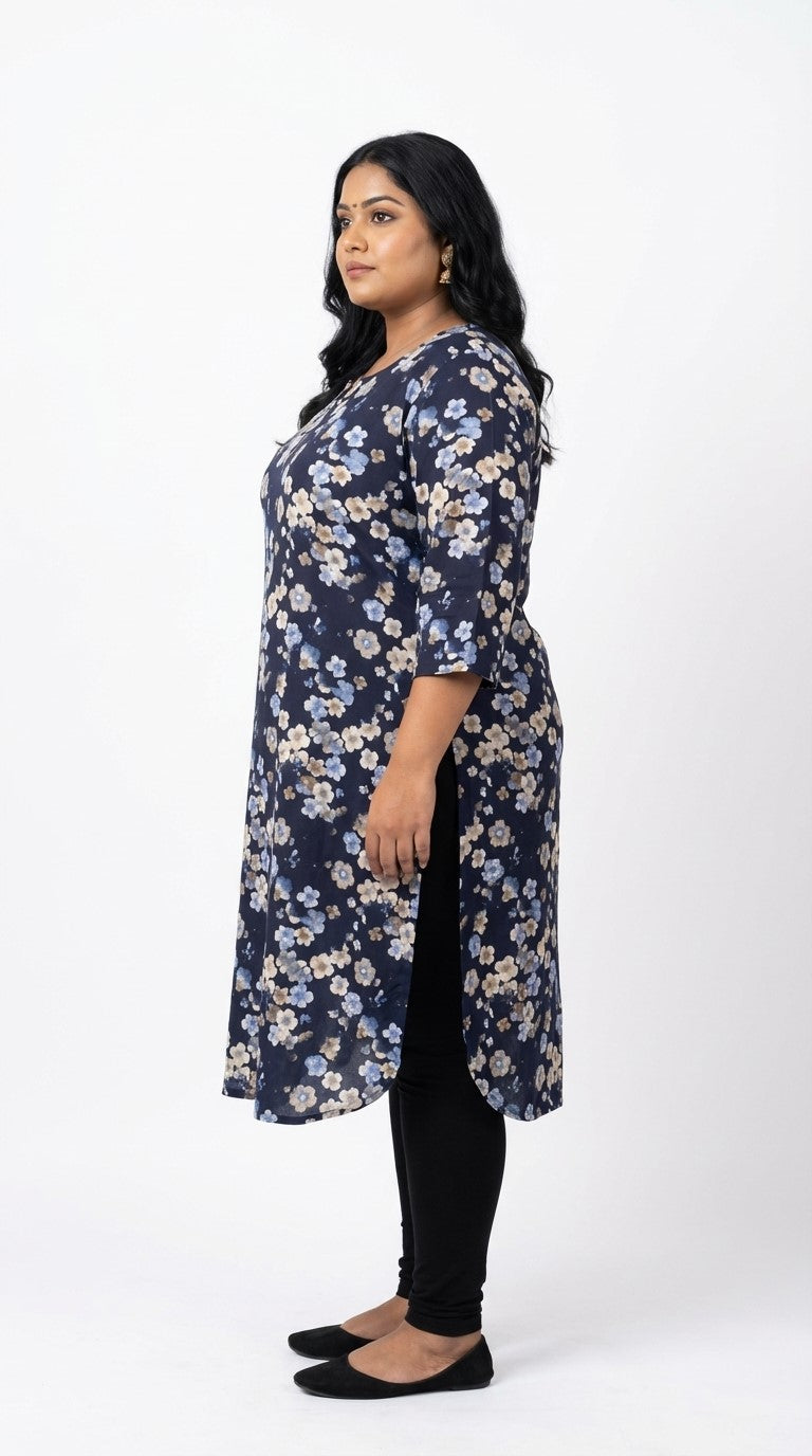 Plus Size Poly Crepe Floral Print  Straight Kurta Blue -100074