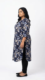 Plus Size Poly Crepe Floral Print  Straight Kurta Blue -100074