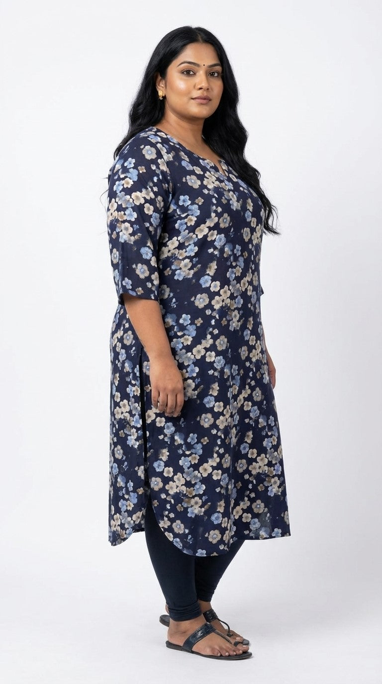 Plus Size Poly Crepe Floral Print  Straight Kurta Blue -100074