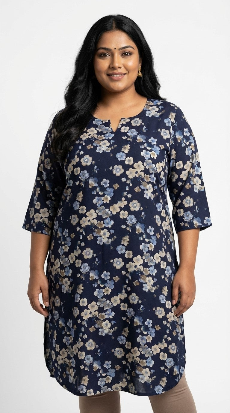 Plus Size Poly Crepe Floral Print  Straight Kurta Blue -100074