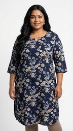 Plus Size Poly Crepe Floral Print  Straight Kurta Blue -100074