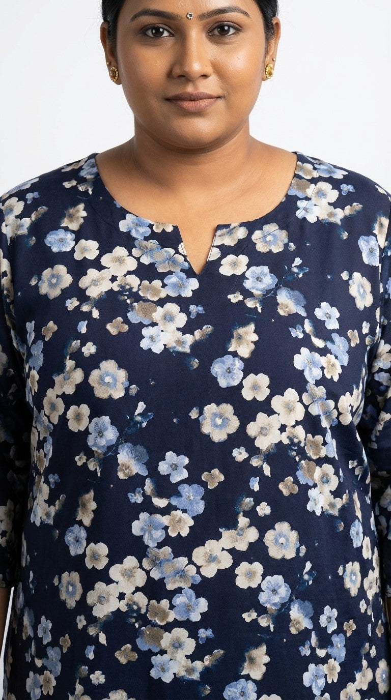 Plus Size Poly Crepe Floral Print  Straight Kurta Blue -100074