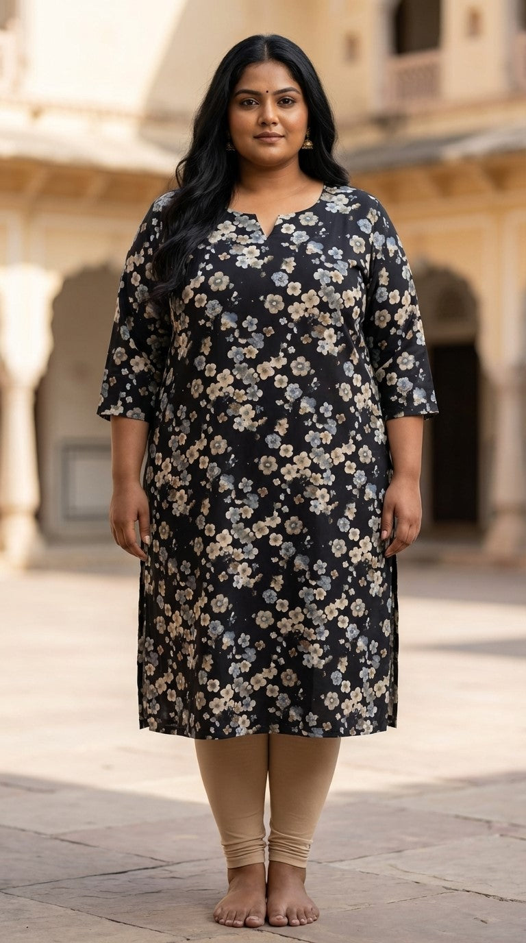 Plus Size Poly Crepe Floral Print  Straight Kurta Black-100075