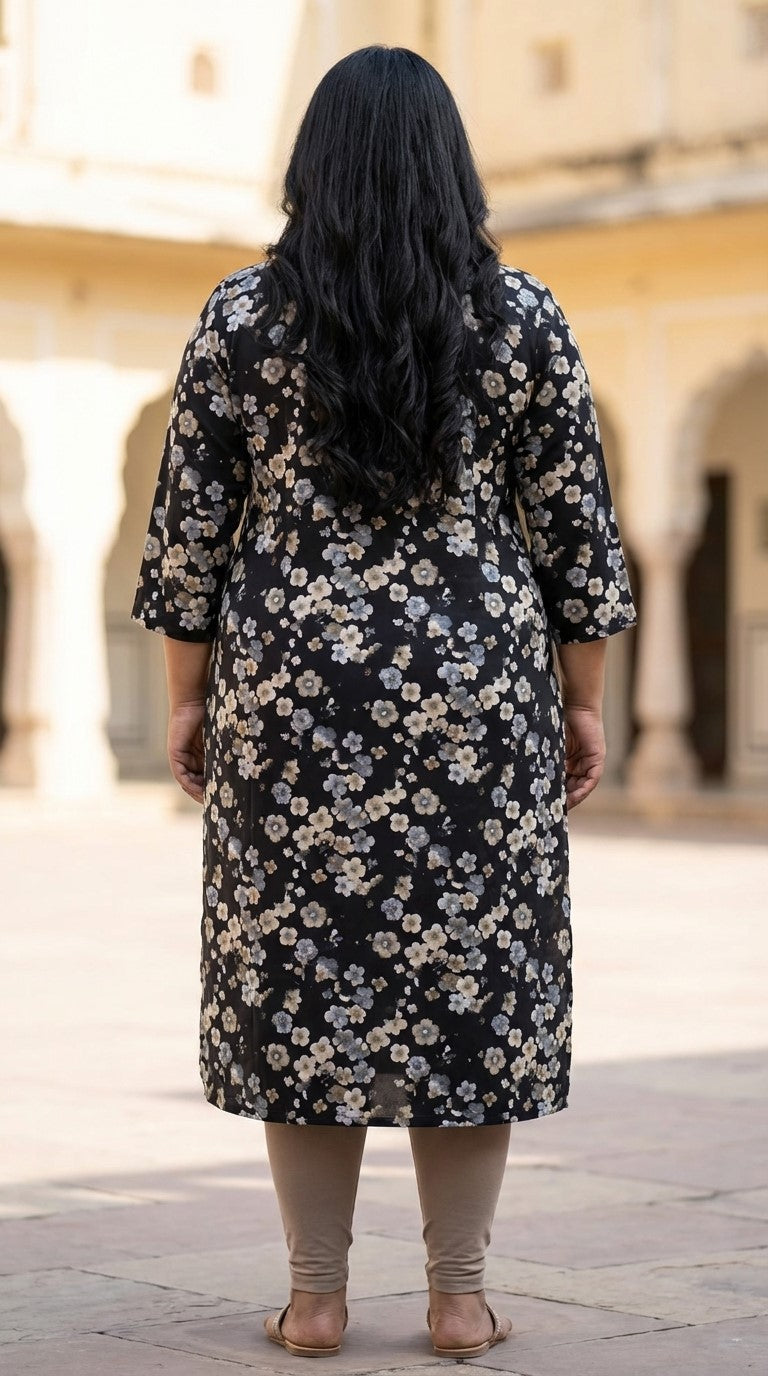 Plus Size Poly Crepe Floral Print  Straight Kurta Black-100075