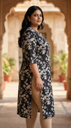 Plus Size Poly Crepe Floral Print  Straight Kurta Black-100075