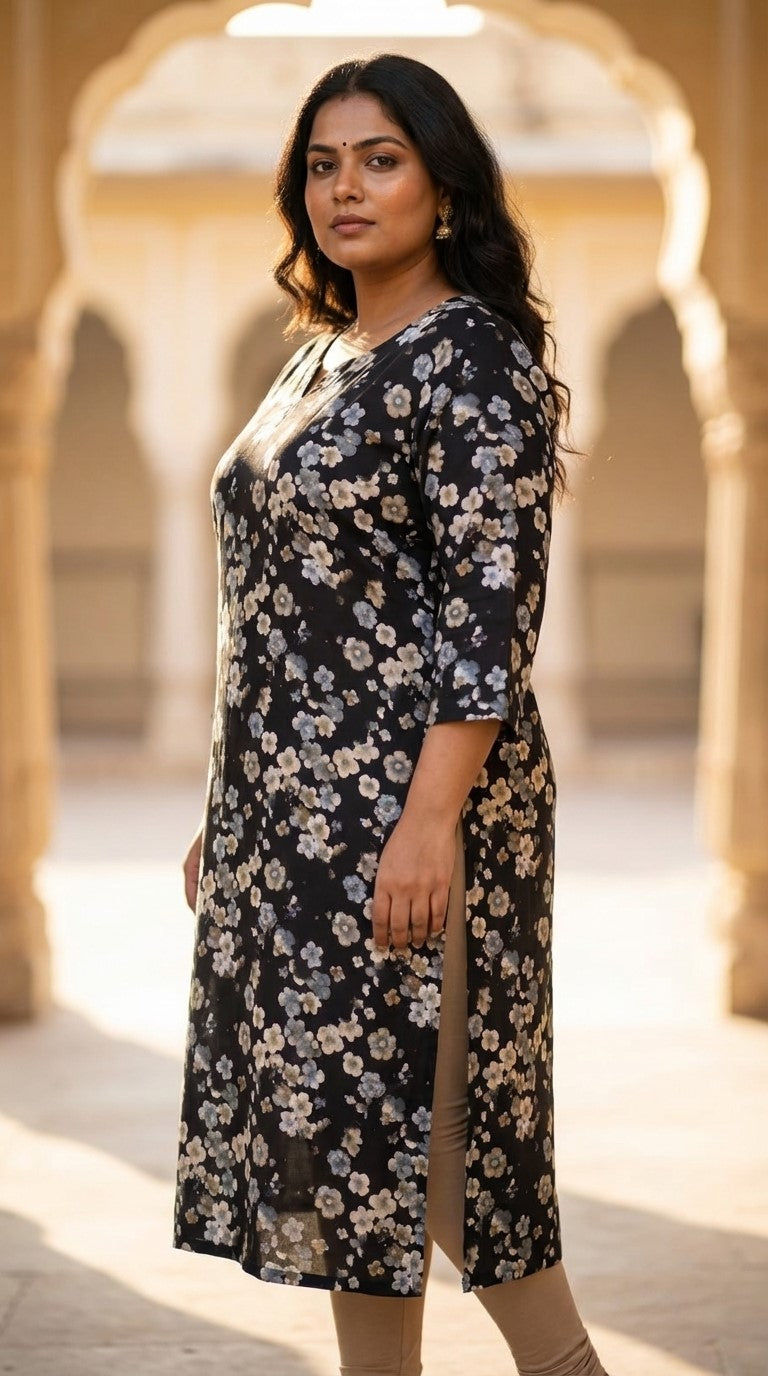 Plus Size Poly Crepe Floral Print  Straight Kurta Black-100075