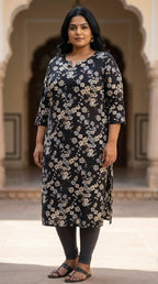 Plus Size Poly Crepe Floral Print  Straight Kurta Black-100075