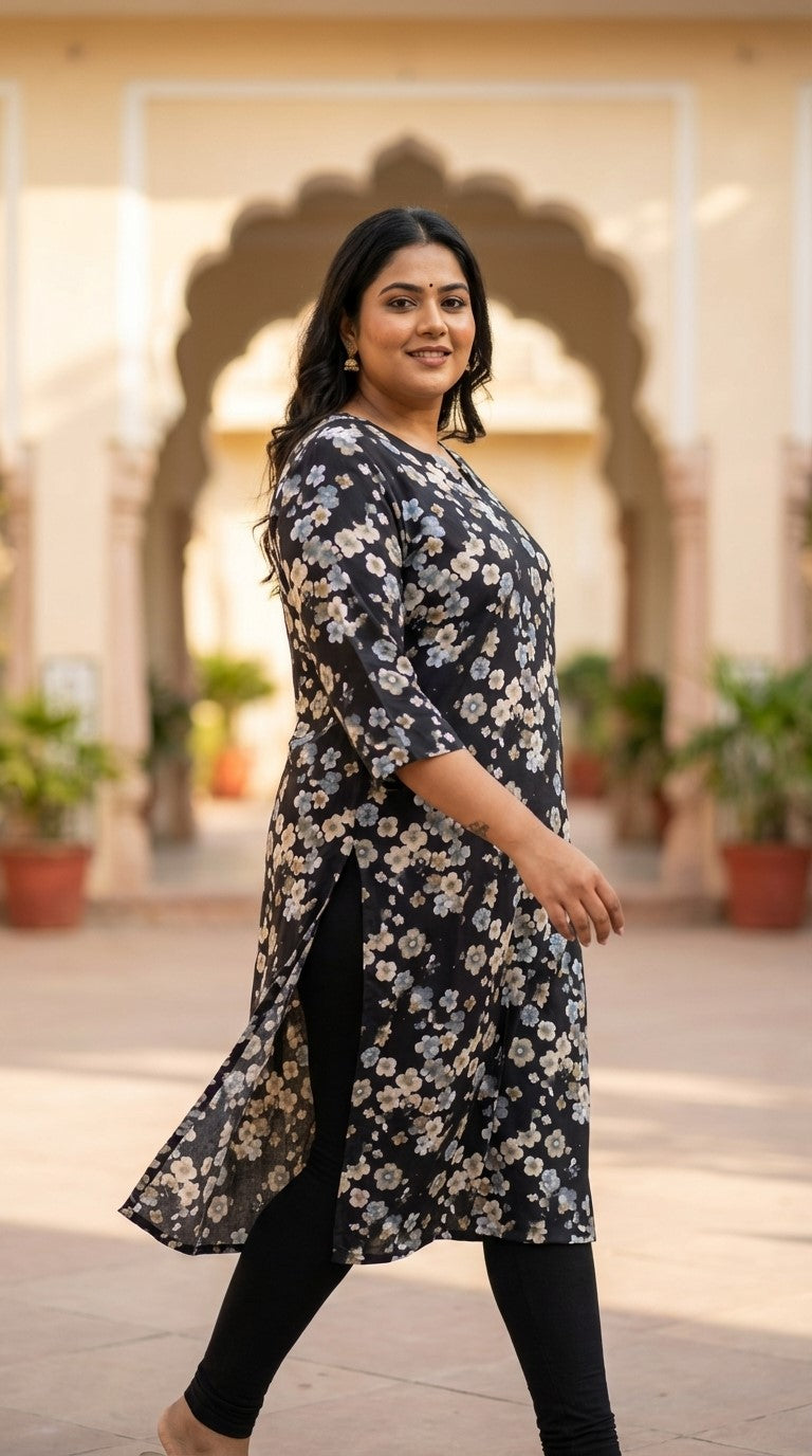 Plus Size Poly Crepe Floral Print  Straight Kurta Black-100075