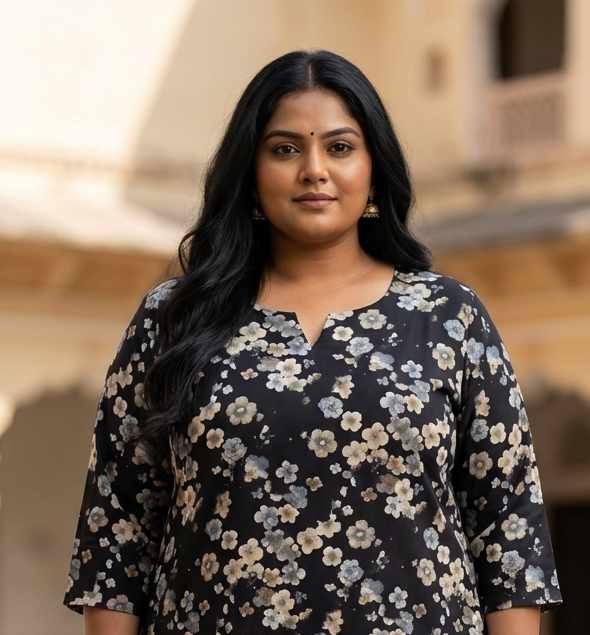 Plus Size Poly Crepe Floral Print  Straight Kurta Black-100075