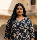 Plus Size Poly Crepe Floral Print  Straight Kurta Black-100075