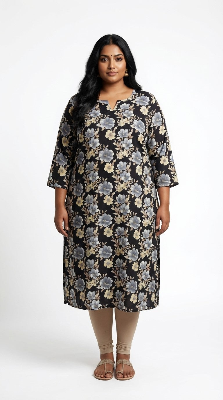 Plus Size Poly Crepe Floral Print  Straight Kurta Black-100076 Main image