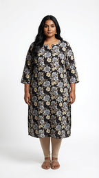 Plus Size Poly Crepe Floral Print  Straight Kurta Black-100076