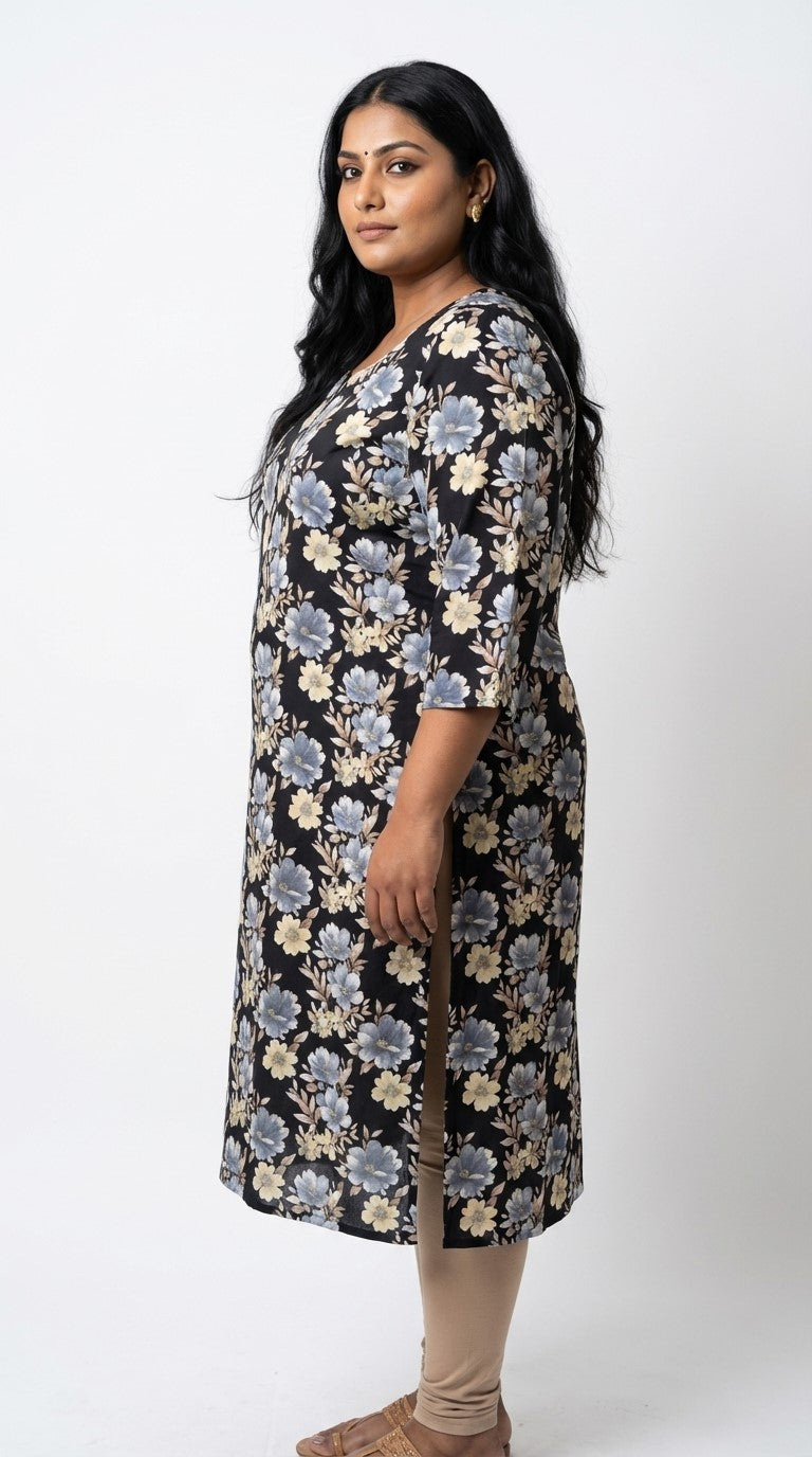 Plus Size Poly Crepe Floral Print  Straight Kurta Black-100076 Secondary image