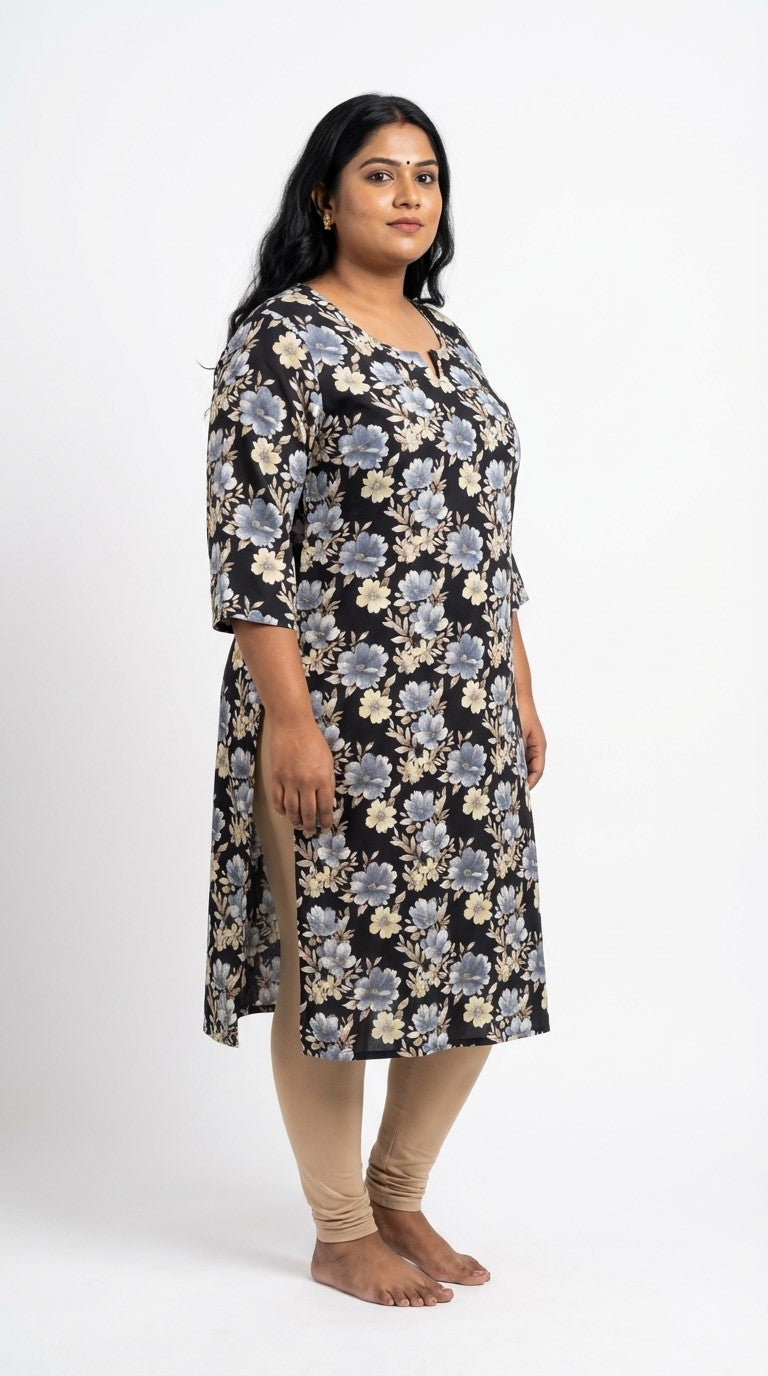 Plus Size Poly Crepe Floral Print  Straight Kurta Black-100076