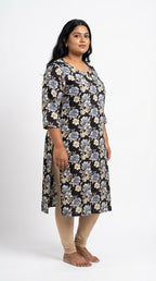Plus Size Poly Crepe Floral Print  Straight Kurta Black-100076