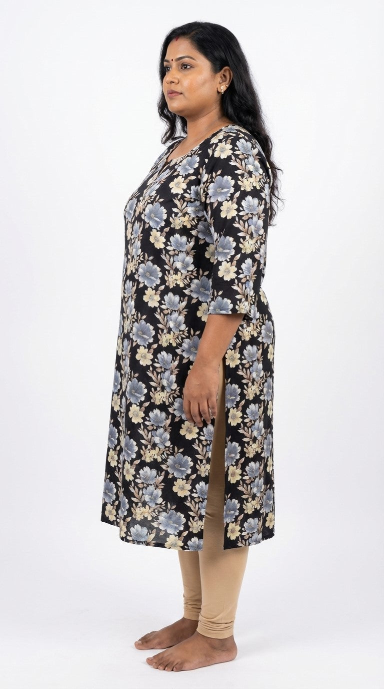 Plus Size Poly Crepe Floral Print  Straight Kurta Black-100076