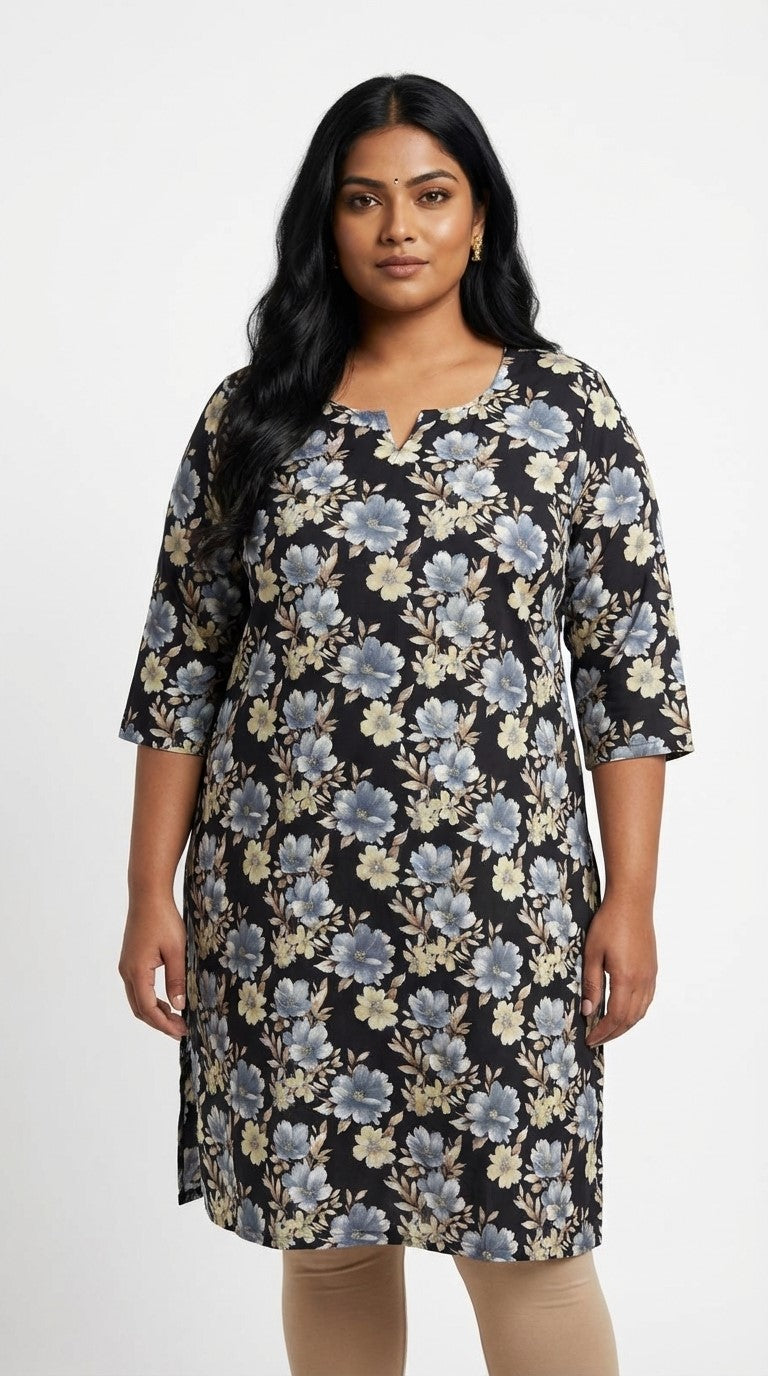 Plus Size Poly Crepe Floral Print  Straight Kurta Black-100076