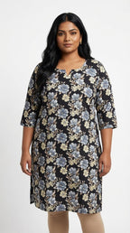 Plus Size Poly Crepe Floral Print  Straight Kurta Black-100076